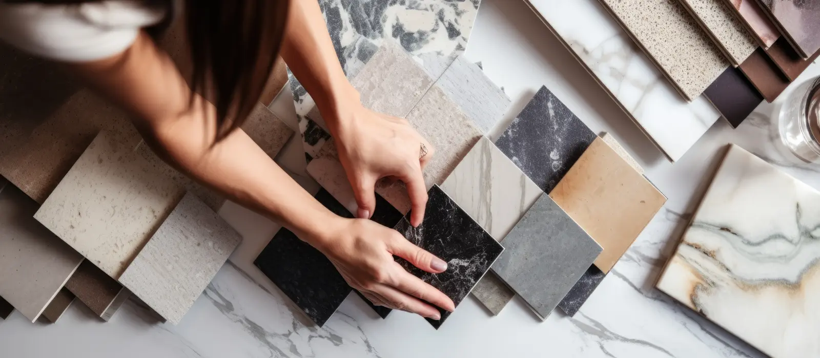 Material selections for a home renovation, stone and tile samples compared over the plan